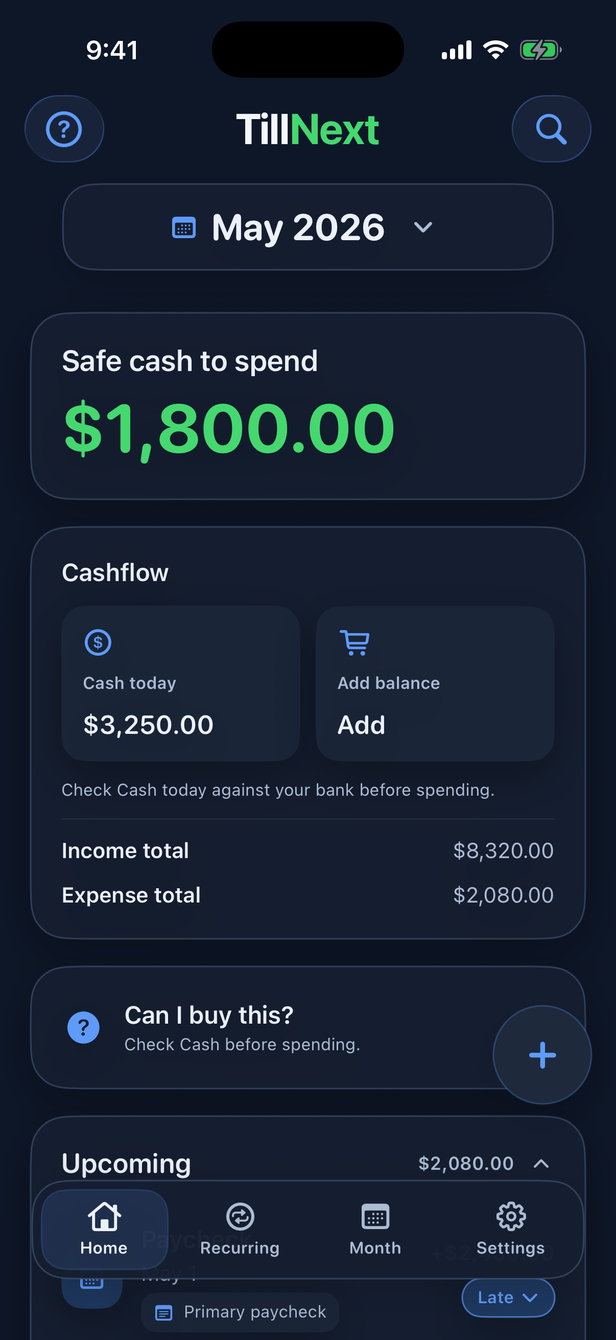 TillNext Home in Dark Mode.