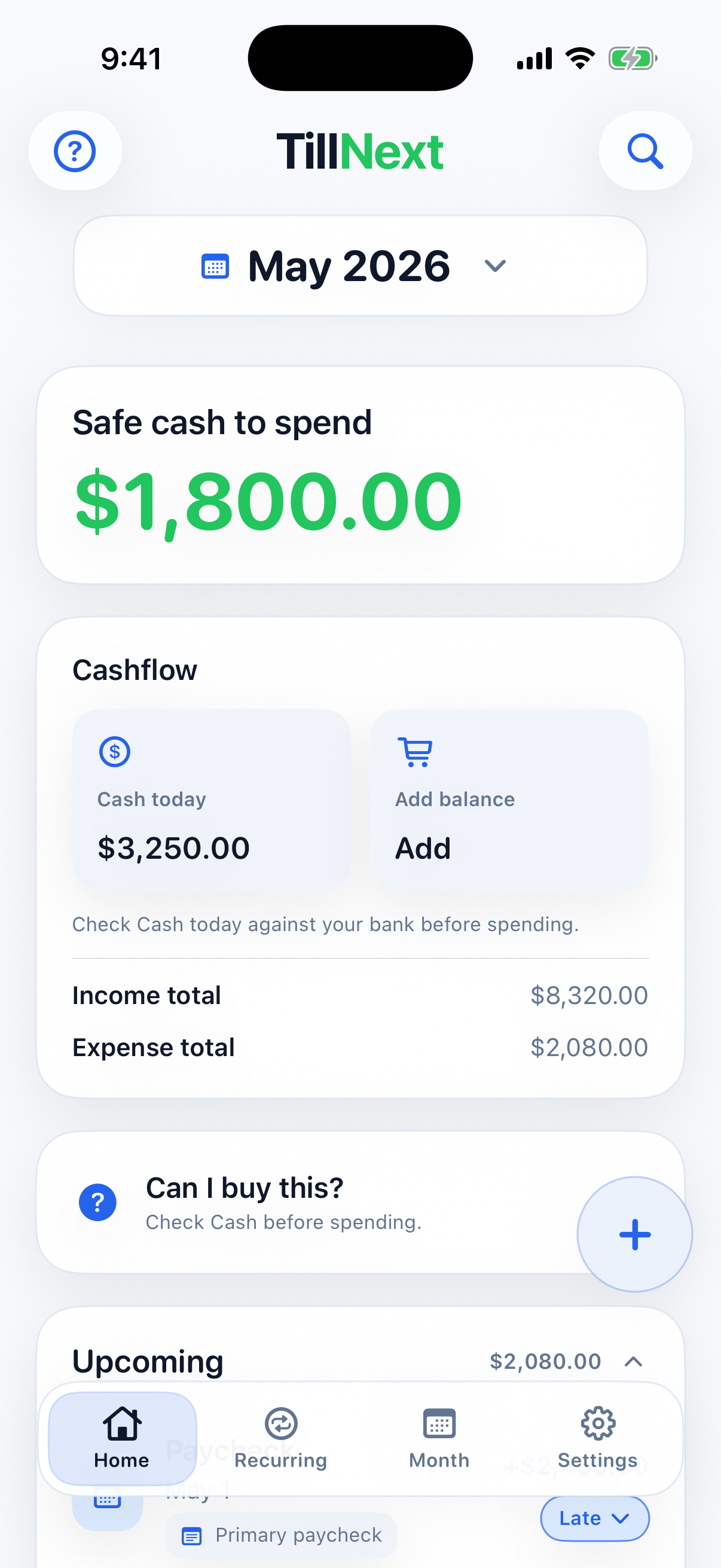 TillNext Home in Light Mode.