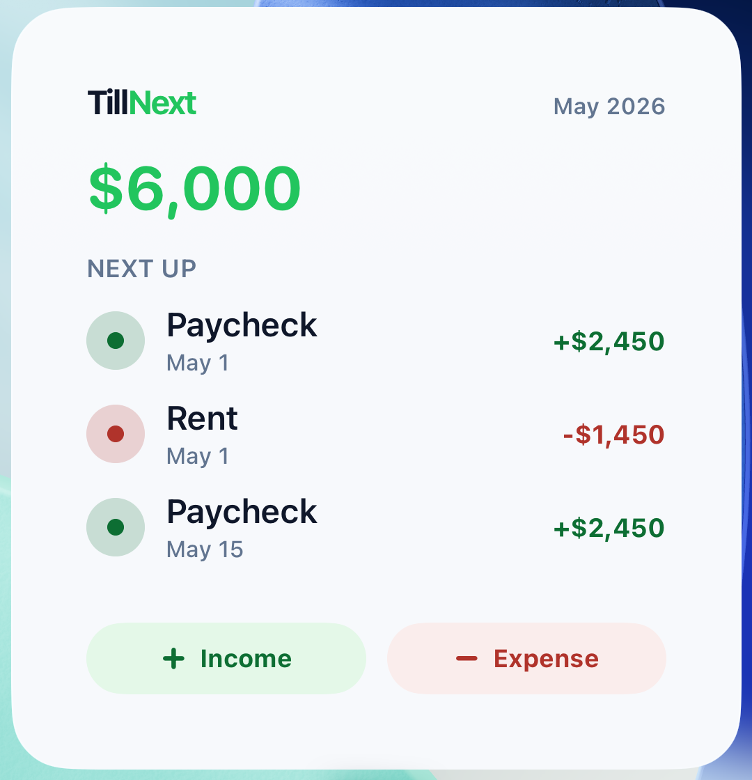 Large TillNext widget on the iPhone Home Screen with upcoming items.