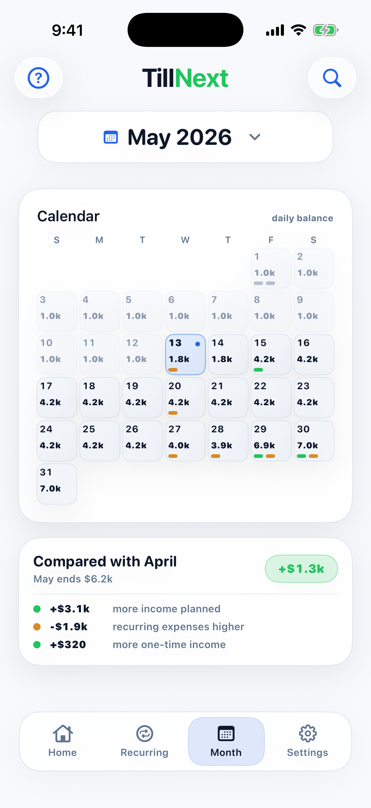 TillNext Month screen showing calendar cash detail by day.