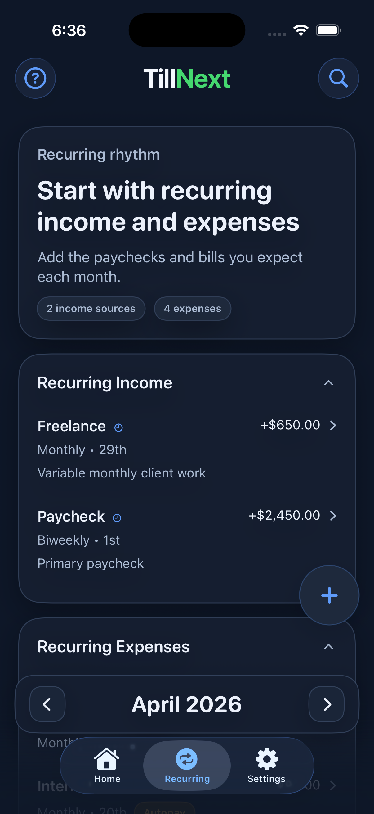 TillNext Recurring screen showing recurring income and recurring expenses.