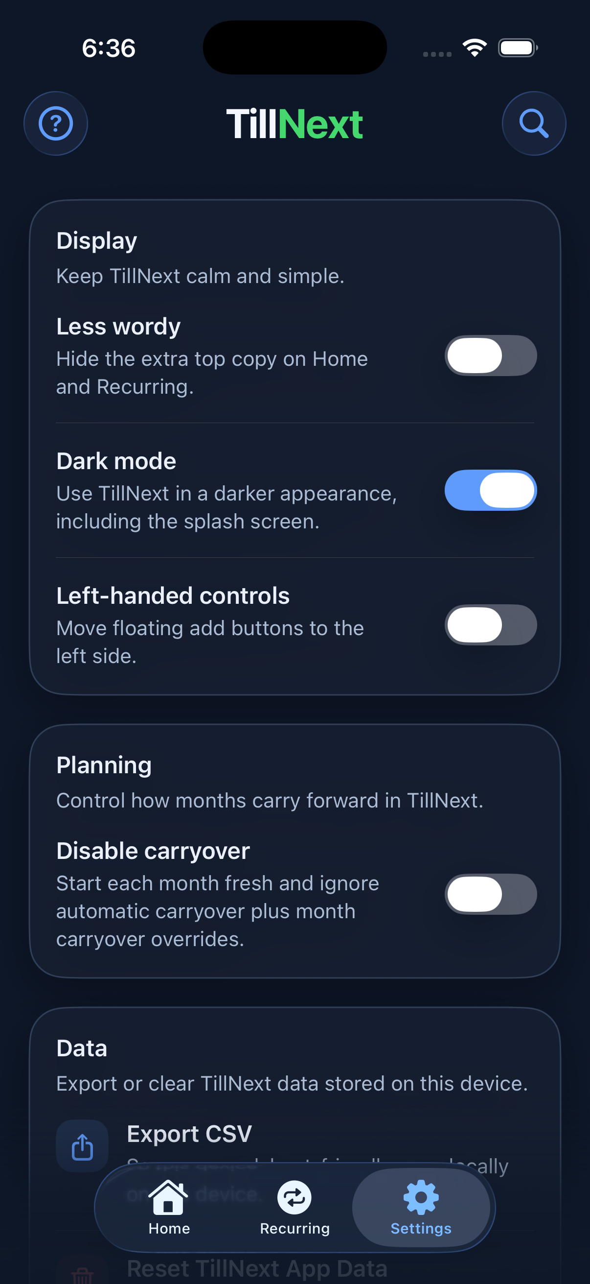 TillNext Settings screen with display, data, help, support, and privacy controls.