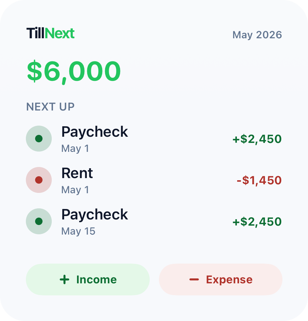TillNext Home Screen widgets showing quick-add buttons and the Till Next amount.